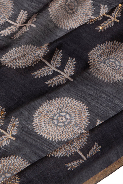 Munga Tussar Floral Printed Black Saree