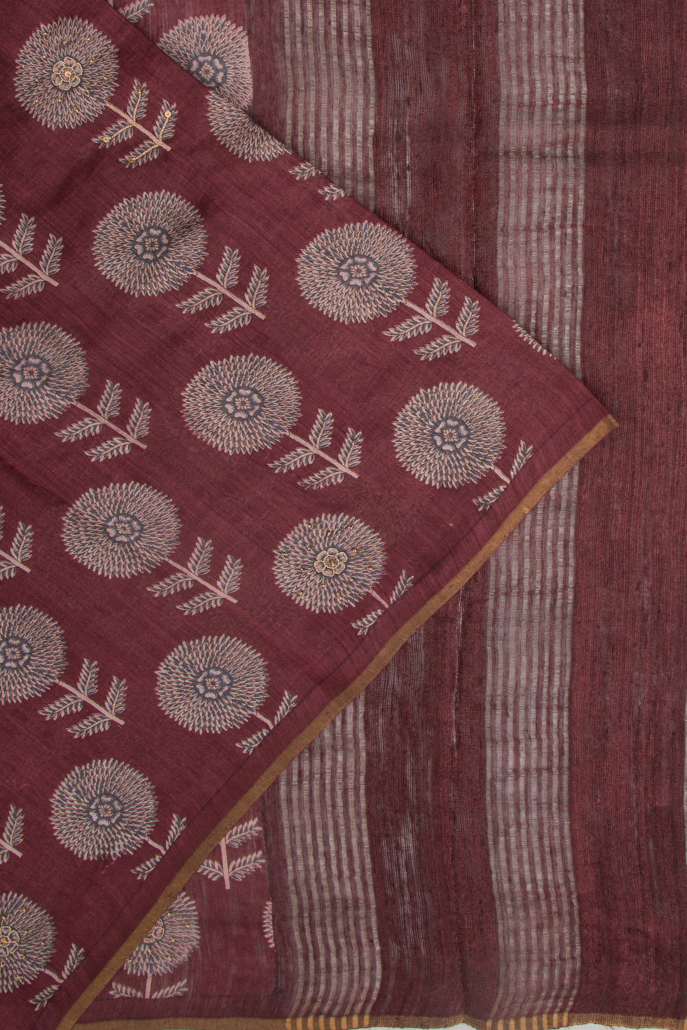 Munga Tussar Floral Printed Choco Brown Saree With Sequins