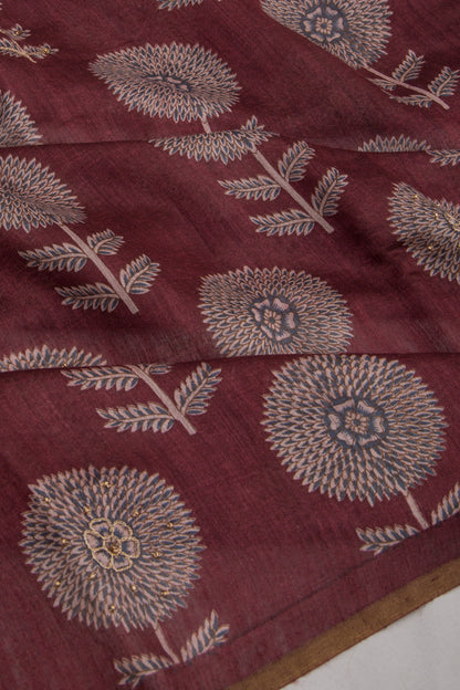 Munga Tussar Floral Printed Choco Brown Saree With Sequins