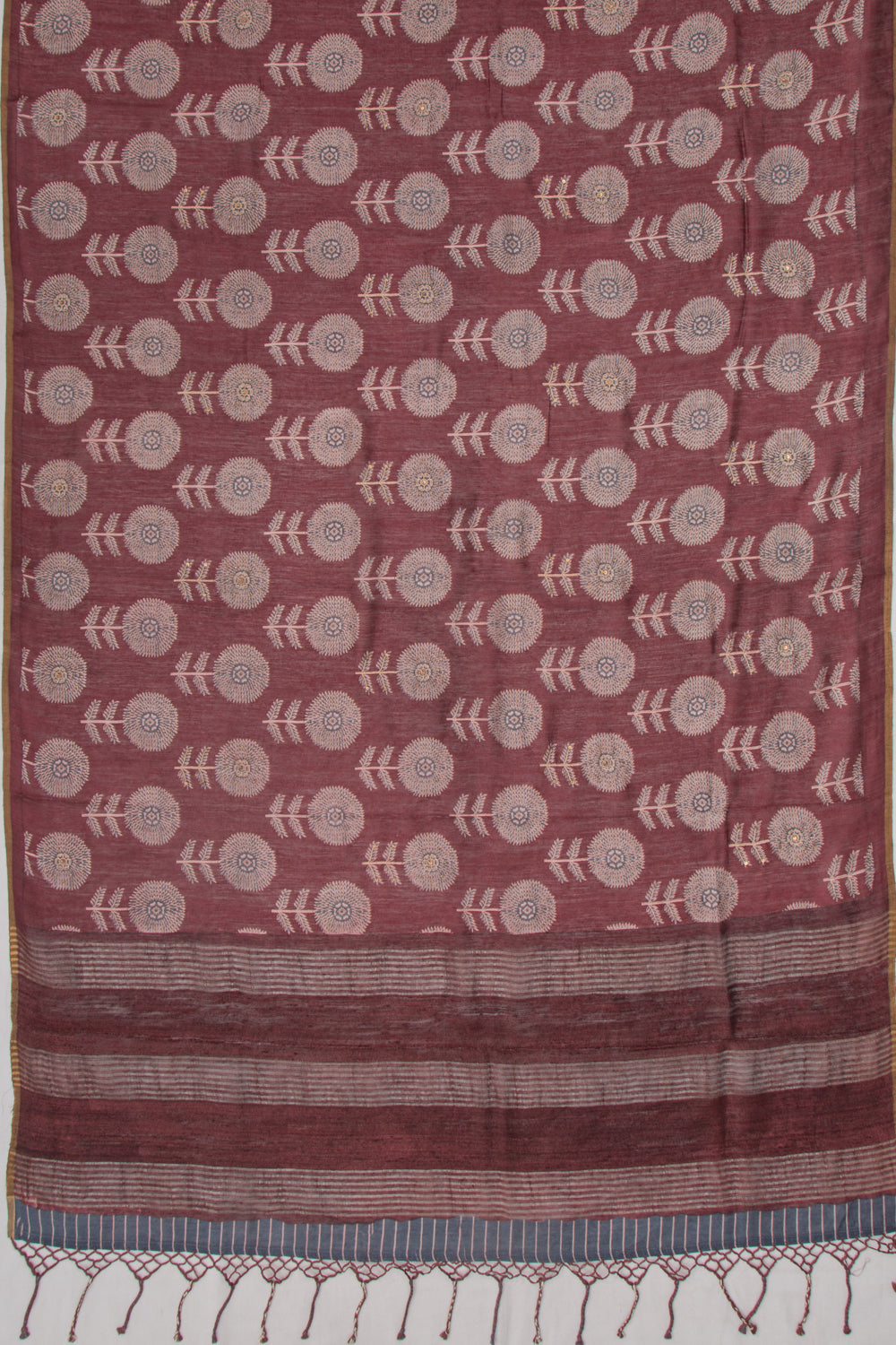 Munga Tussar Floral Printed Choco Brown Saree With Sequins