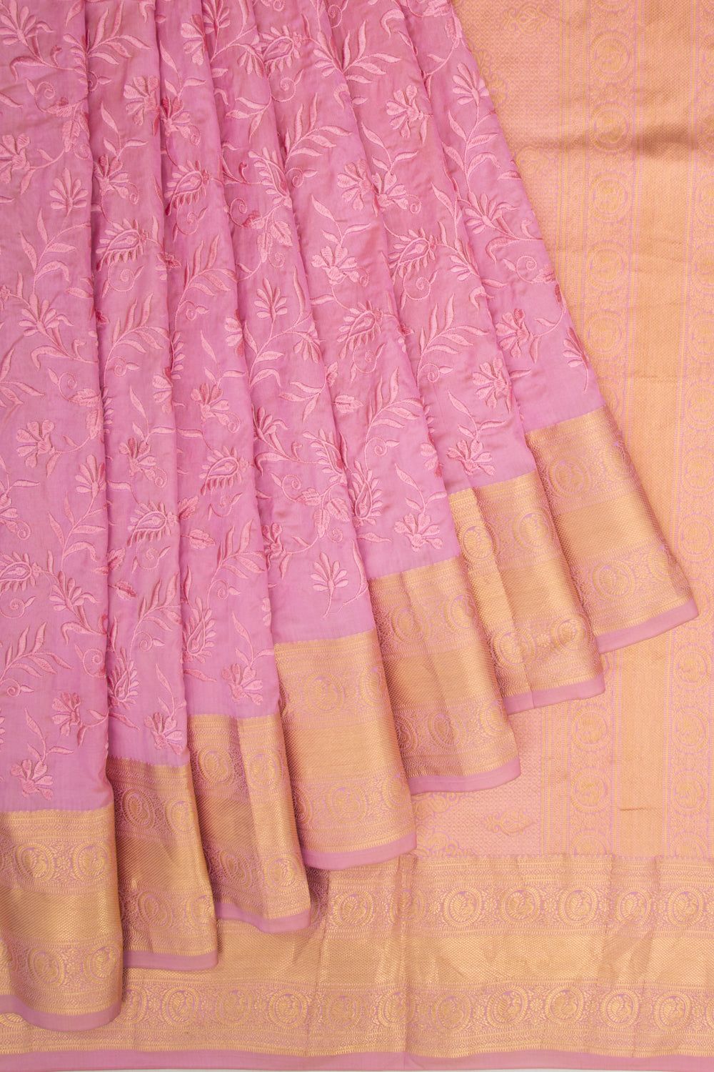 Kanchipuram Silk Floral Embroidery Pink Saree