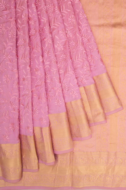 Kanchipuram Silk Floral Embroidery Pink Saree