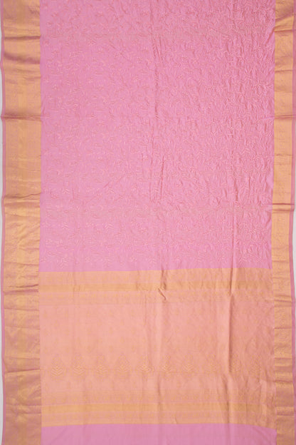 Kanchipuram Silk Floral Embroidery Pink Saree