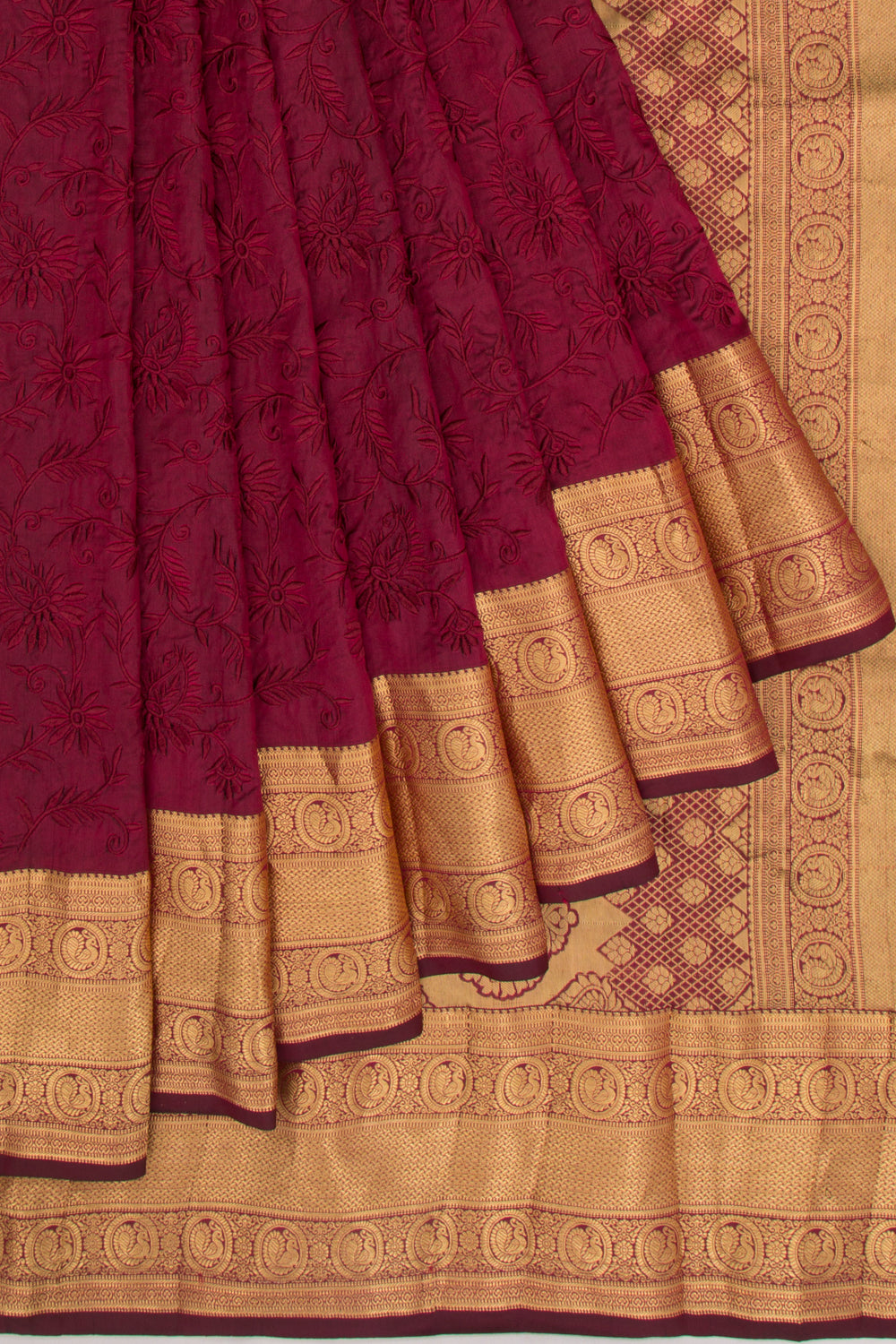 Kanchipuram Silk Floral Embroidery Maroon Saree