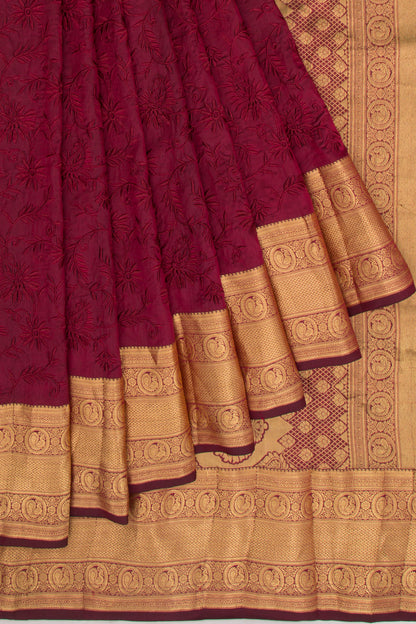 Kanchipuram Silk Floral Embroidery Maroon Saree