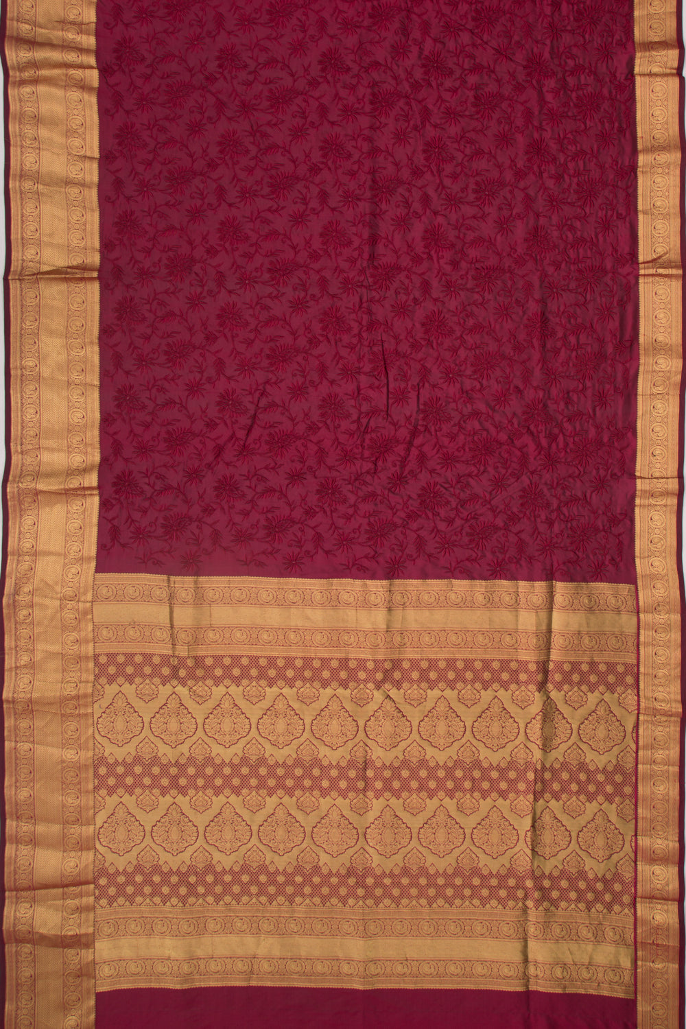 Kanchipuram Silk Floral Embroidery Maroon Saree
