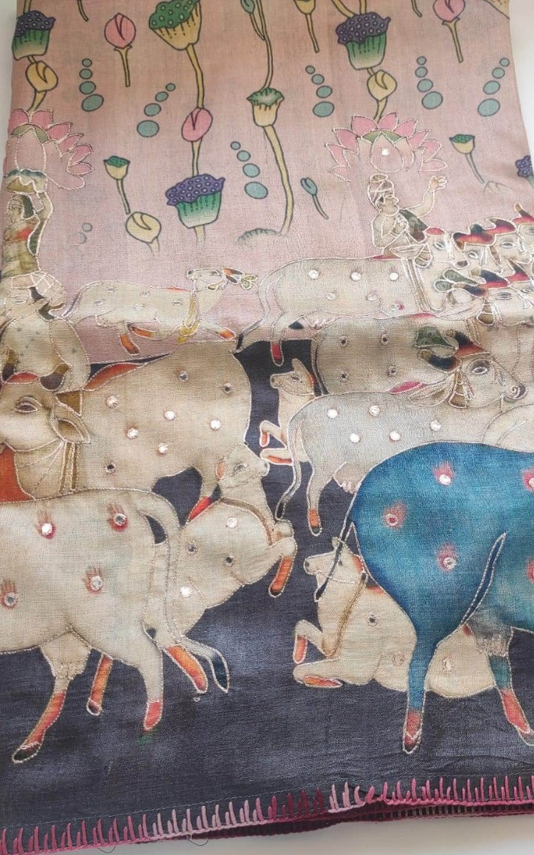 Tussar Silk Pichwai Printed Pink Saree