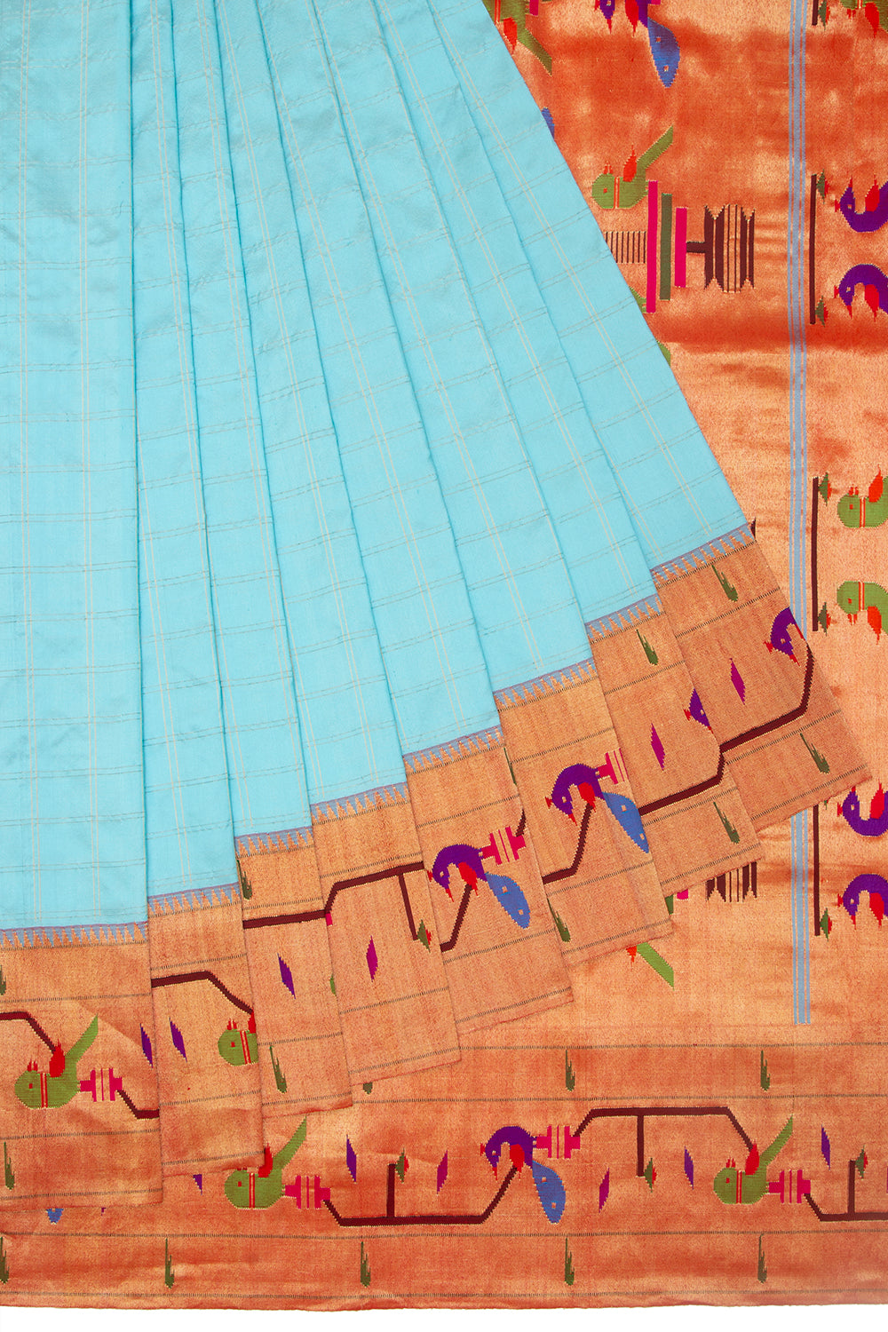 Paithani Silk Checks Sky Blue Saree With Akruthi Border