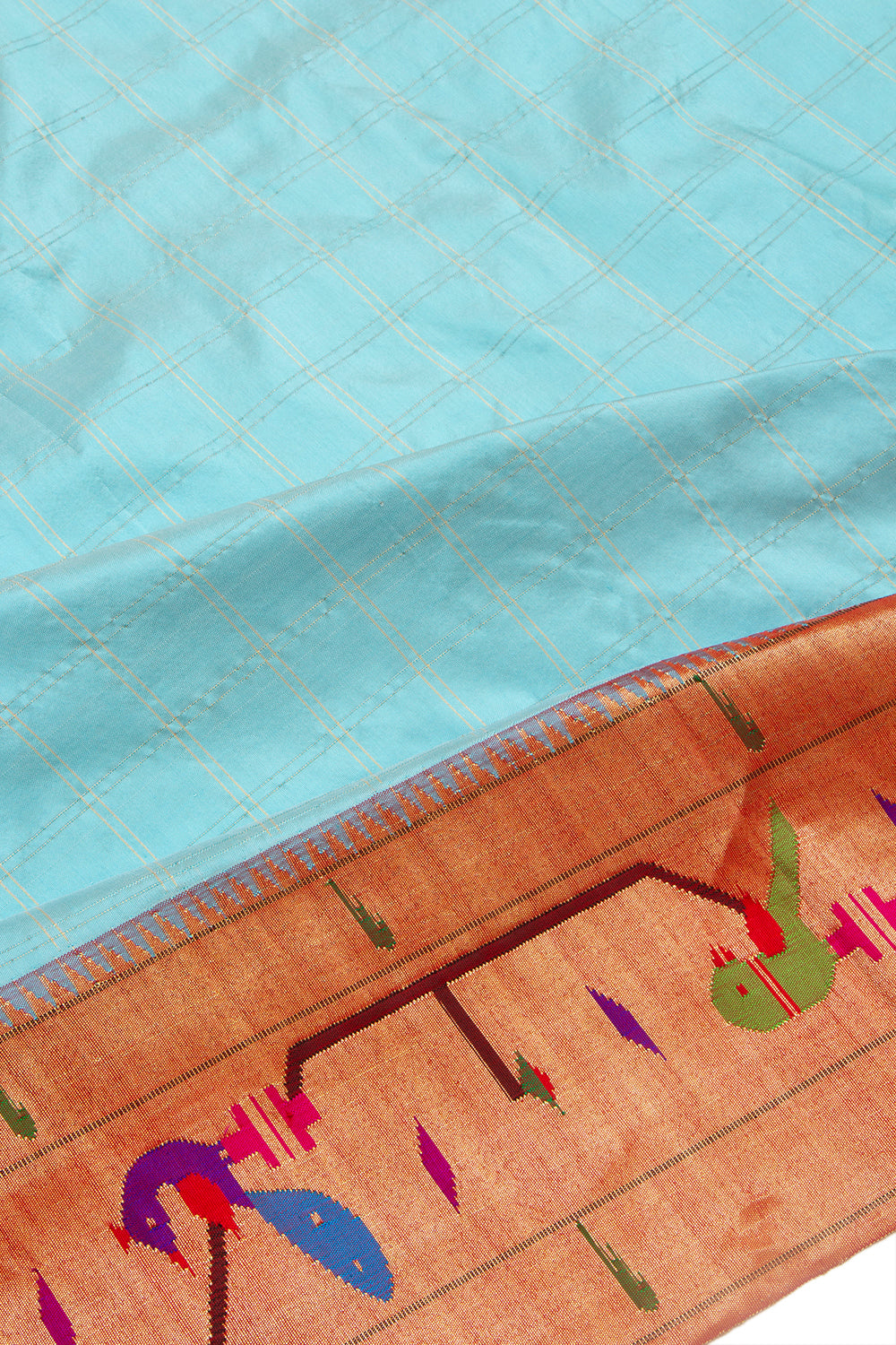 Paithani Silk Checks Sky Blue Saree With Akruthi Border