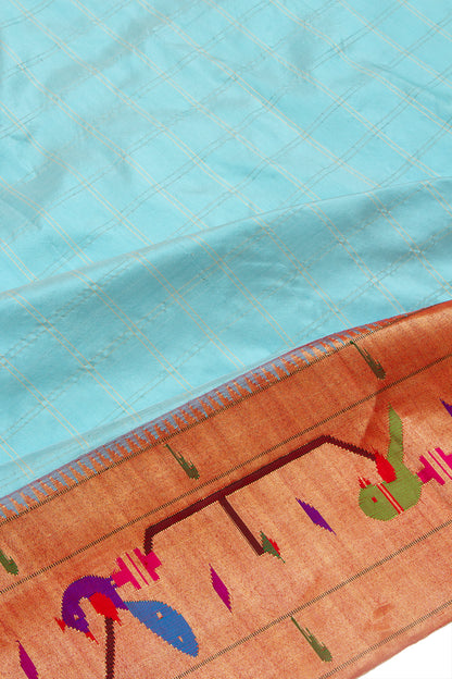 Paithani Silk Checks Sky Blue Saree With Akruthi Border