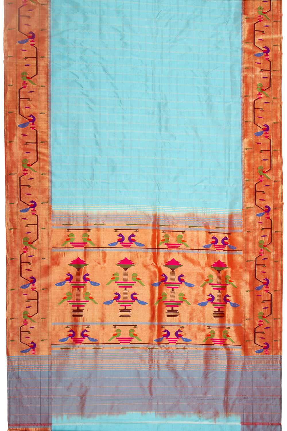 Paithani Silk Checks Sky Blue Saree With Akruthi Border