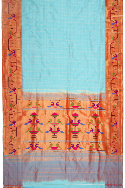 Paithani Silk Checks Sky Blue Saree With Akruthi Border