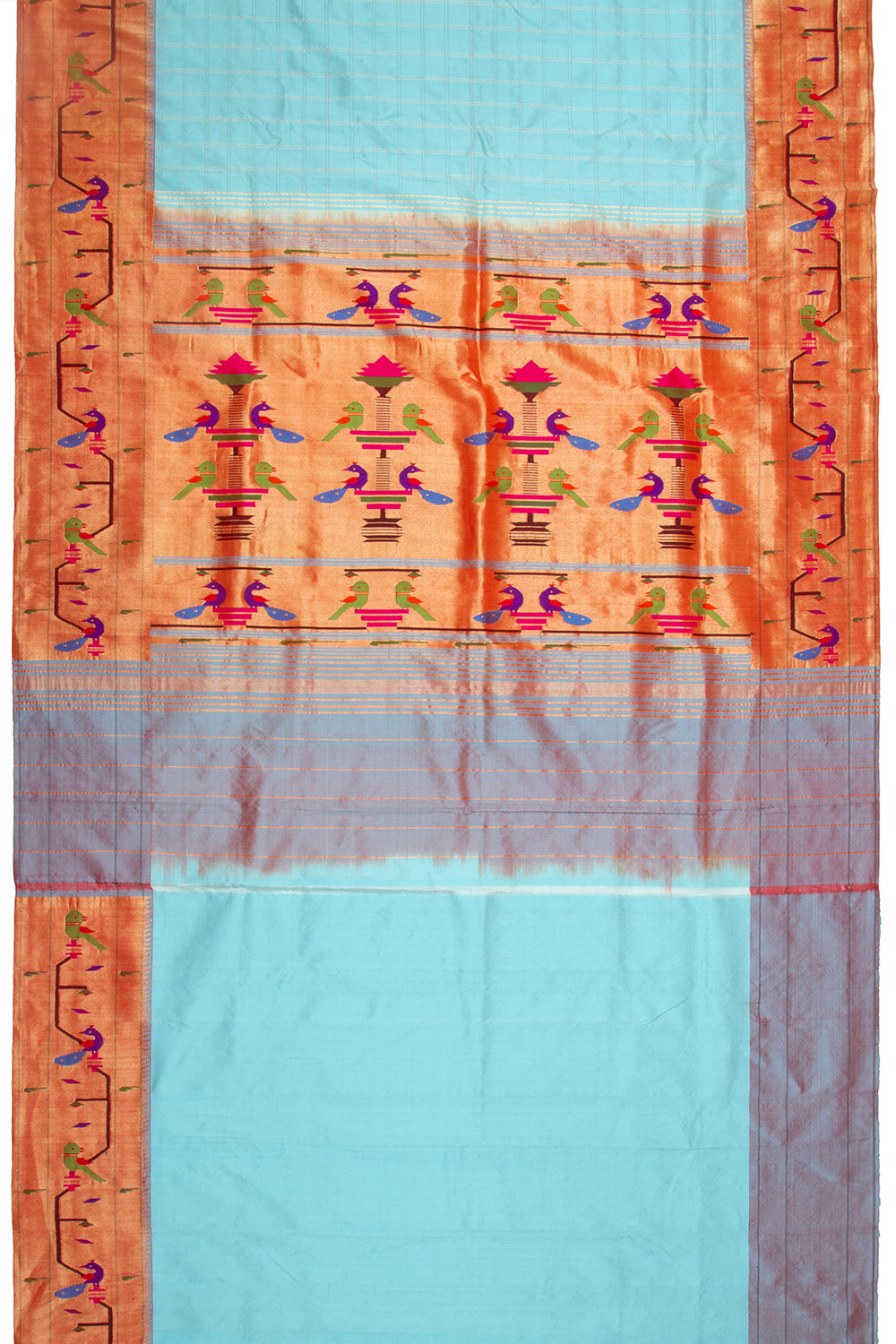 Paithani Silk Checks Sky Blue Saree With Akruthi Border