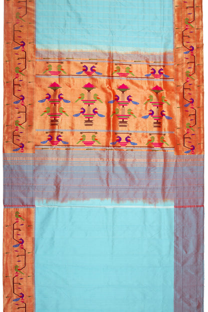 Paithani Silk Checks Sky Blue Saree With Akruthi Border