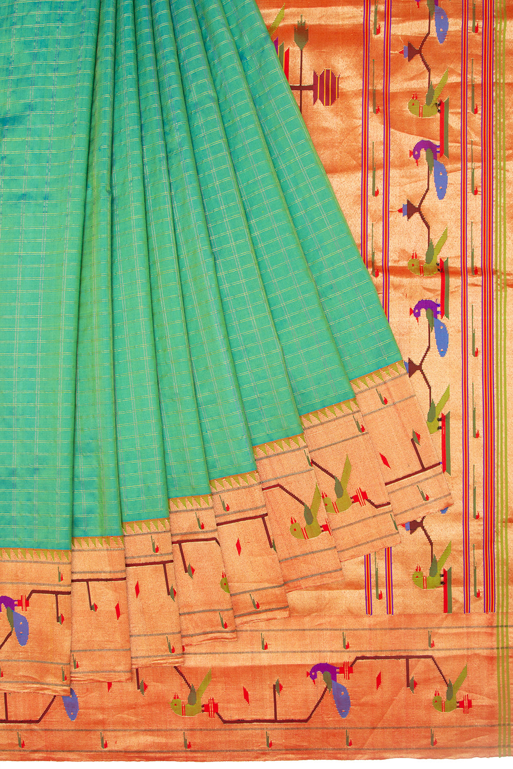 Paithani Silk Checks Green Saree With Akruthi Border