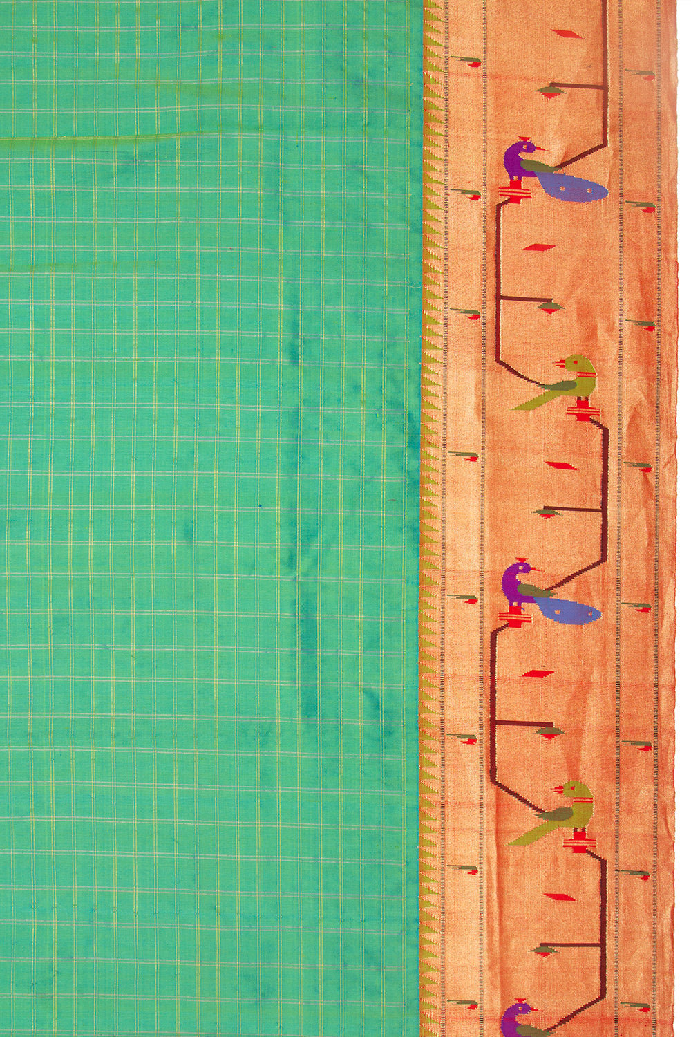 Paithani Silk Checks Green Saree With Akruthi Border