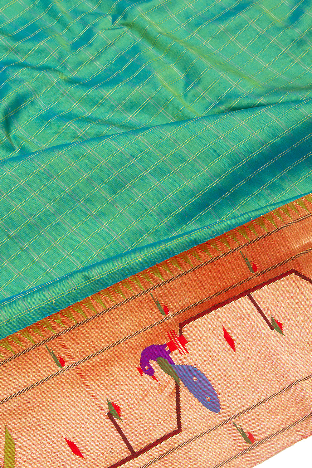 Paithani Silk Checks Green Saree With Akruthi Border