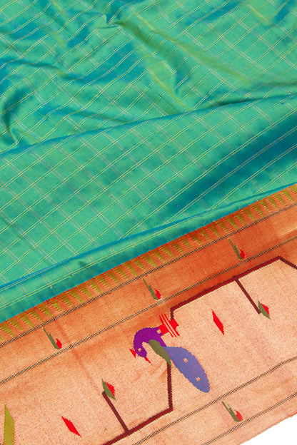 Paithani Silk Checks Green Saree With Akruthi Border