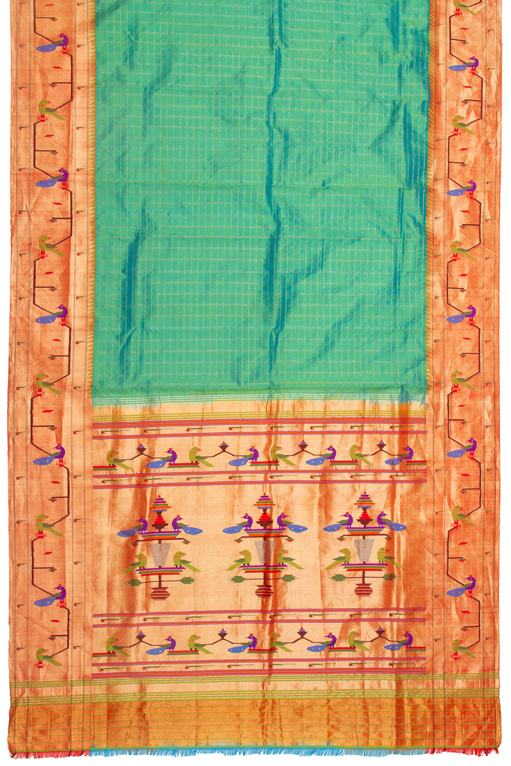 Paithani Silk Checks Green Saree With Akruthi Border