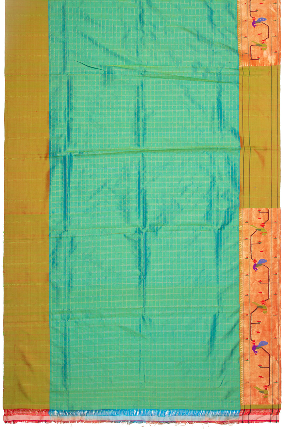 Paithani Silk Checks Green Saree With Akruthi Border