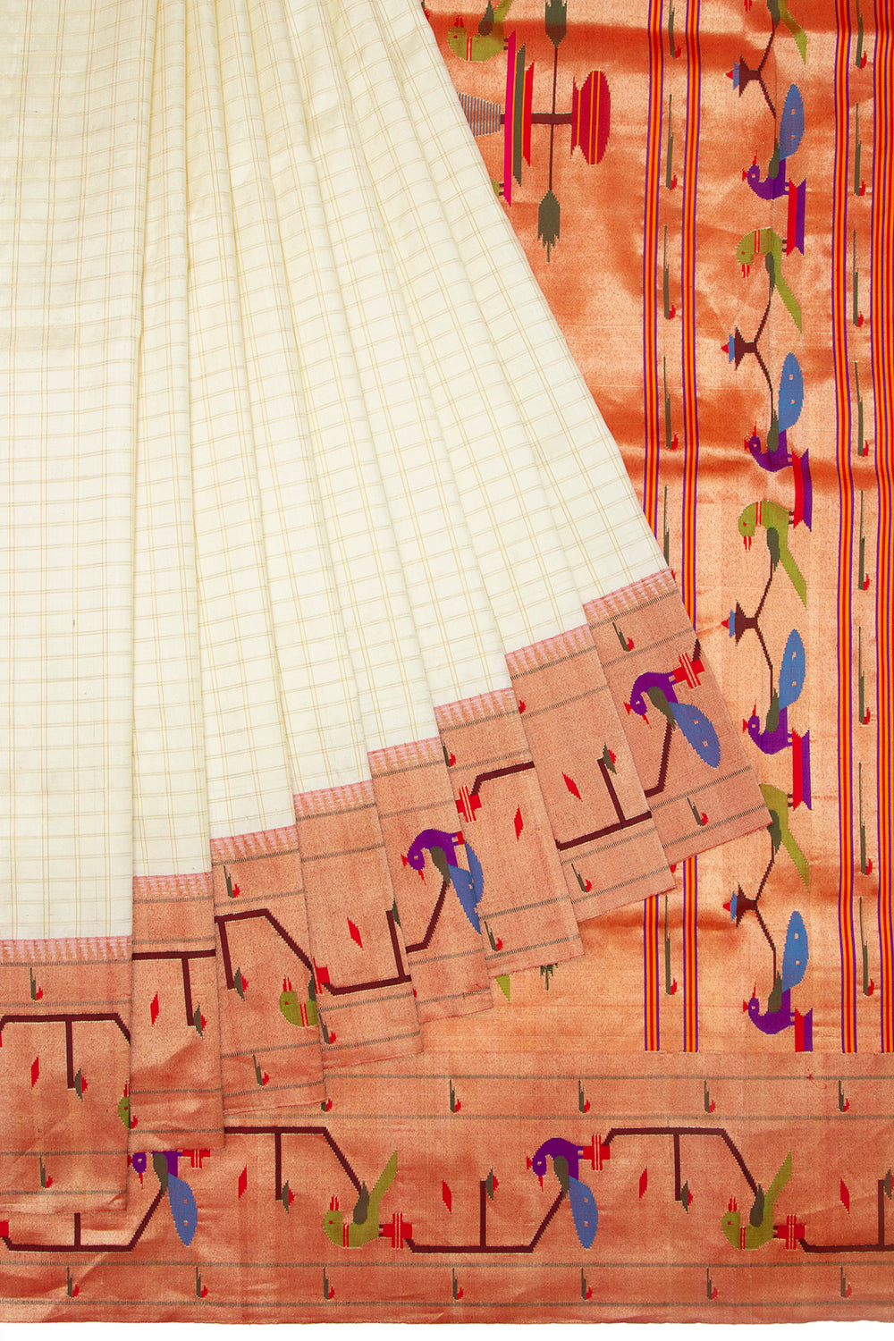 Paithani Silk Checks Cream Saree With Akruthi Border