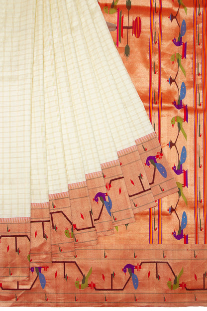 Paithani Silk Checks Cream Saree With Akruthi Border