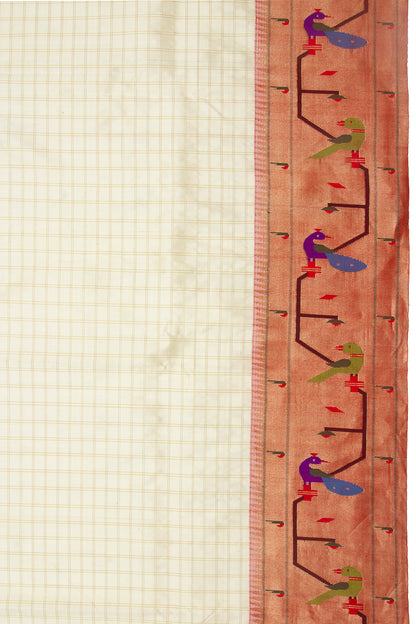 Paithani Silk Checks Cream Saree With Akruthi Border