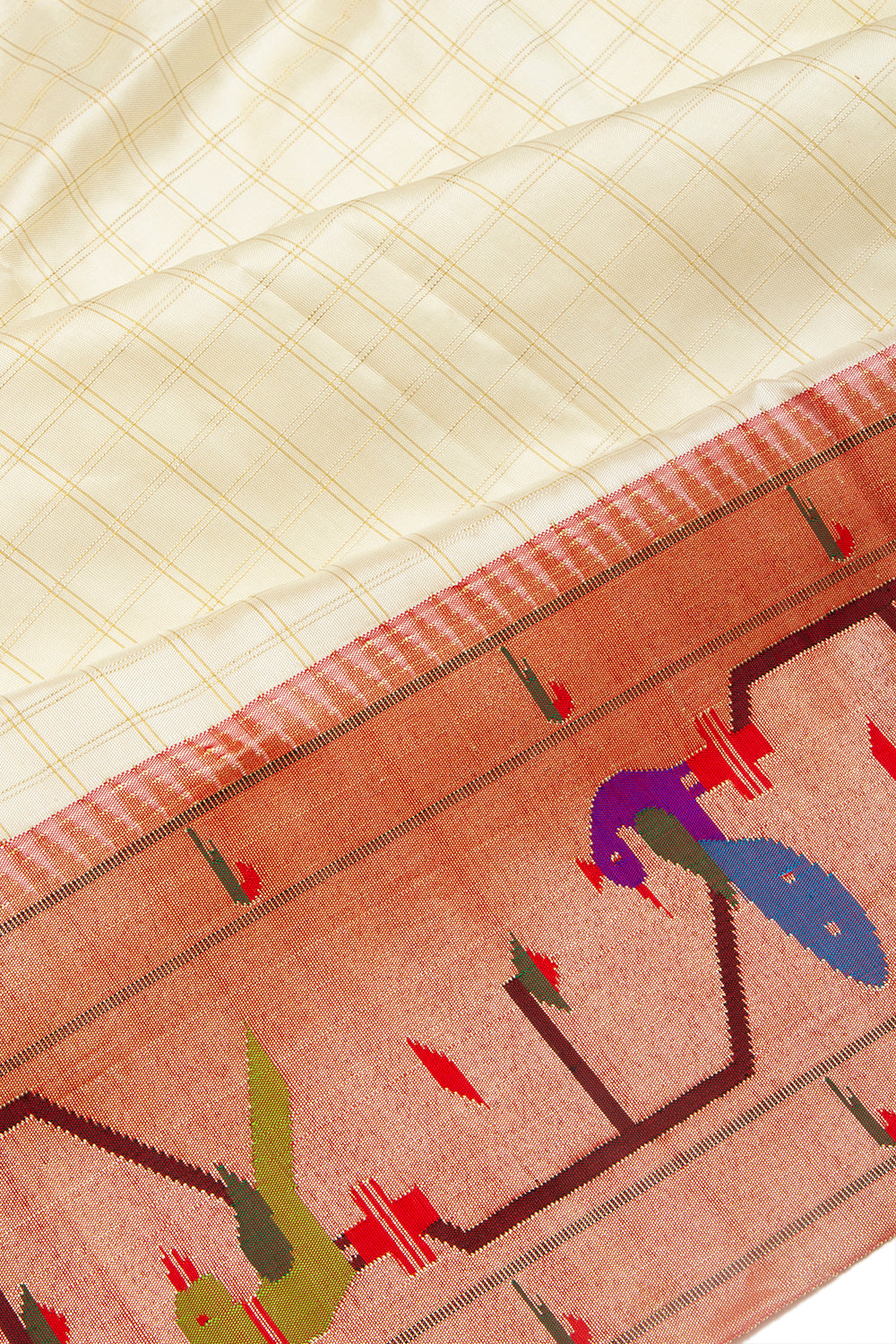 Paithani Silk Checks Cream Saree With Akruthi Border
