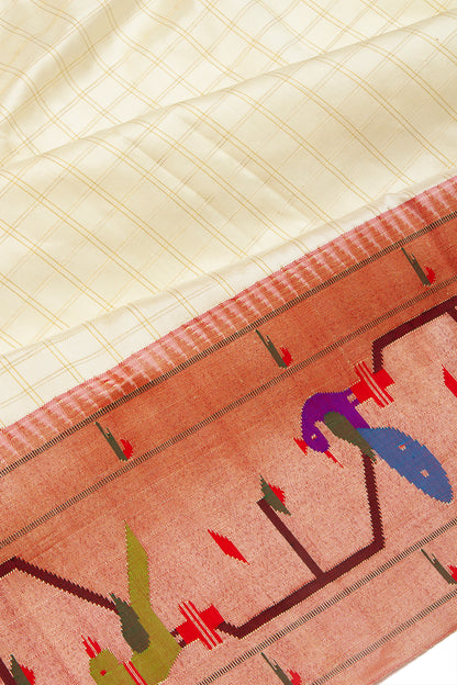 Paithani Silk Checks Cream Saree With Akruthi Border