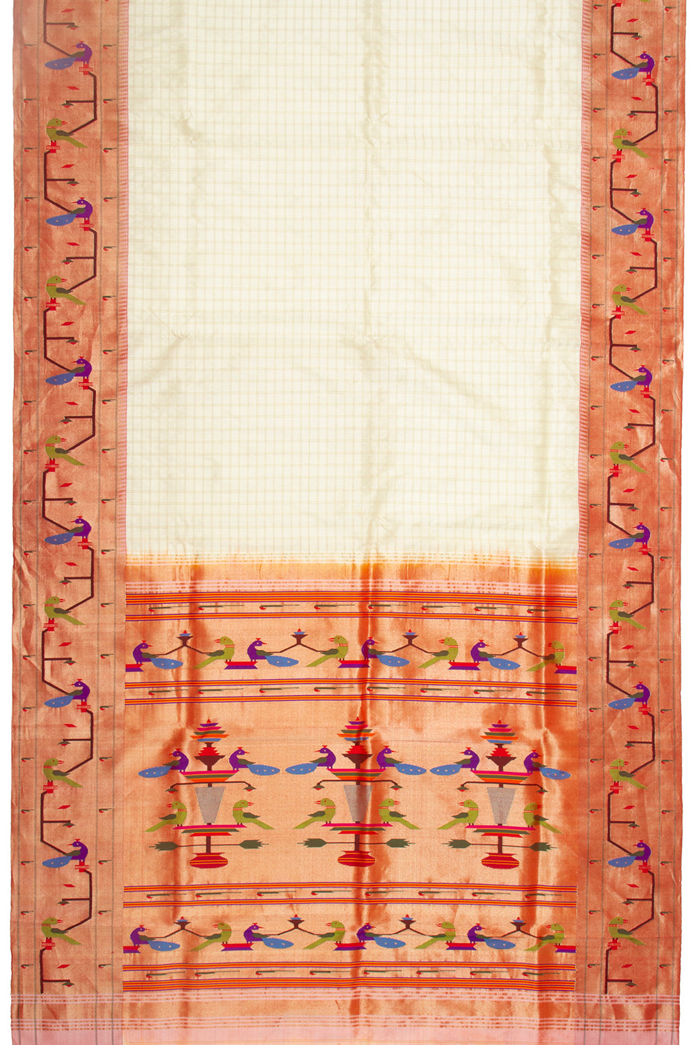 Paithani Silk Checks Cream Saree With Akruthi Border