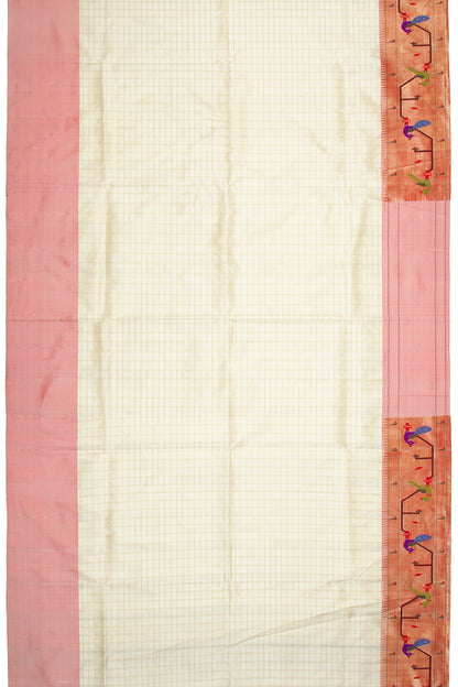 Paithani Silk Checks Cream Saree With Akruthi Border