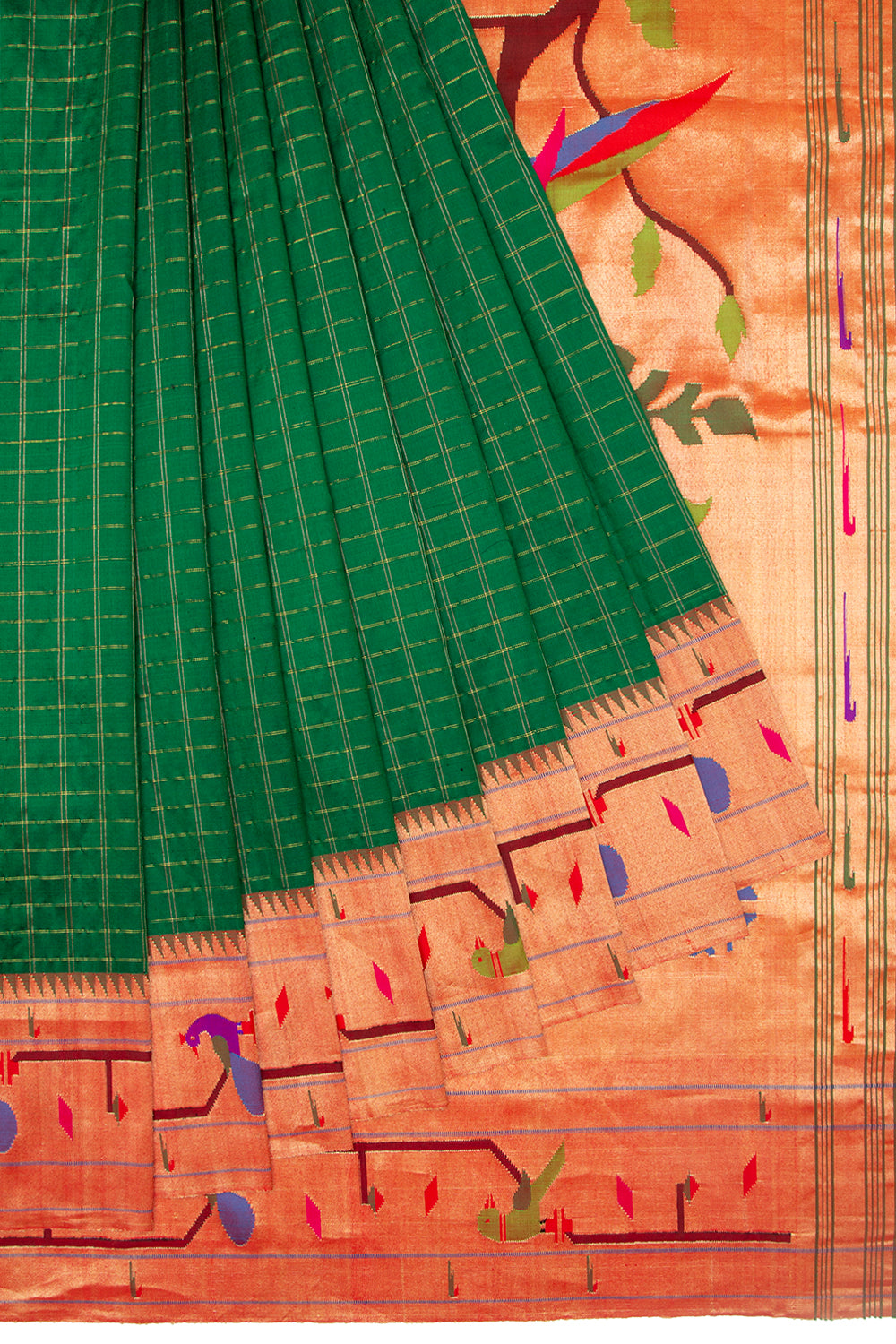 Paithani Silk Checks Green Saree With Akruthi Border