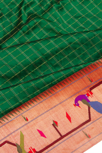 Paithani Silk Checks Green Saree With Akruthi Border