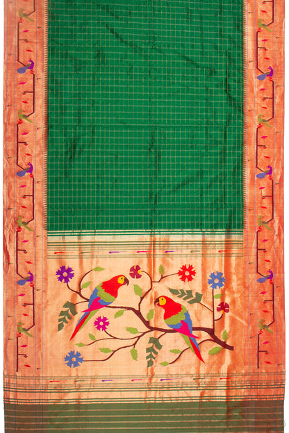 Paithani Silk Checks Green Saree With Akruthi Border