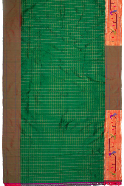 Paithani Silk Checks Green Saree With Akruthi Border