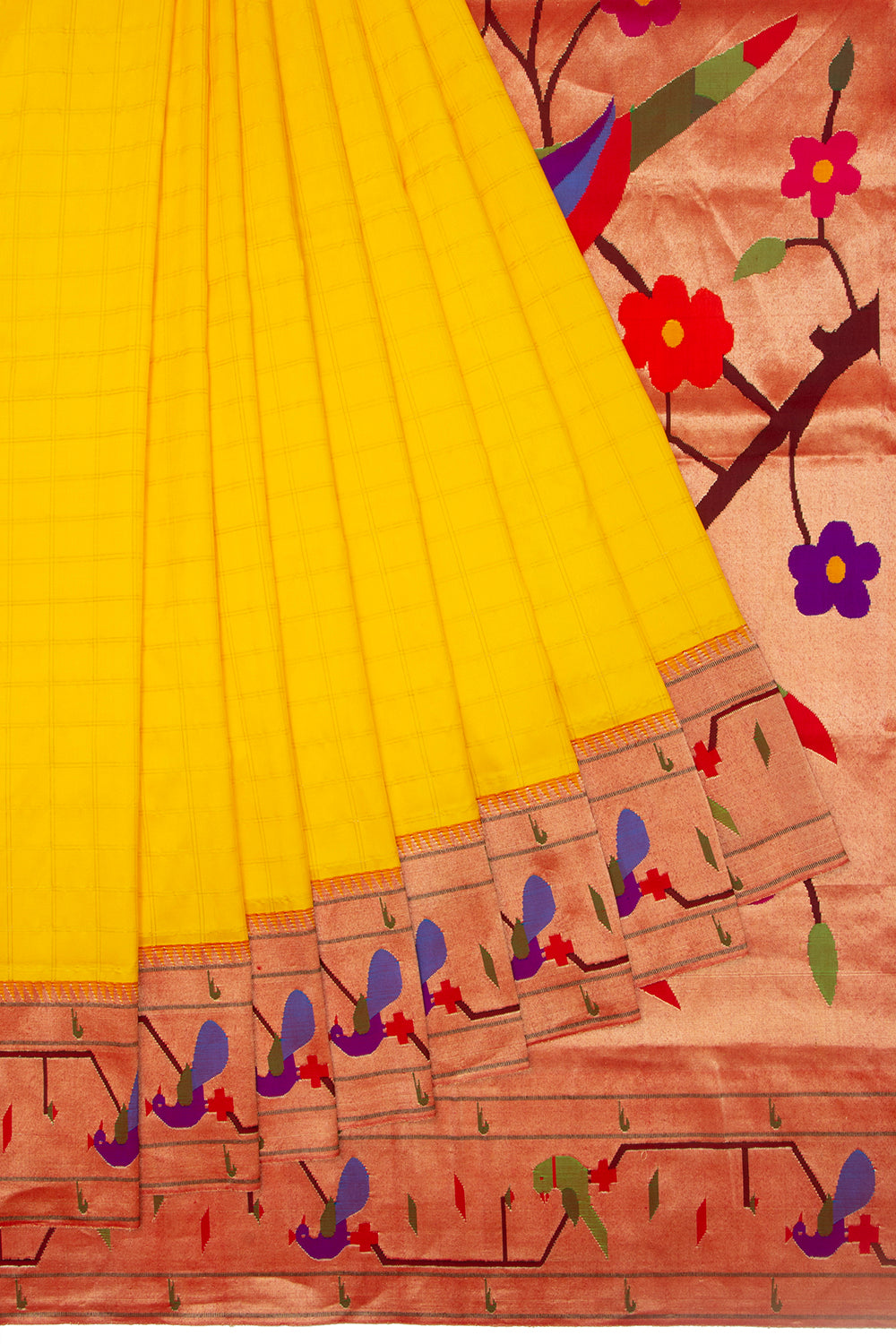 Paithani Silk Checks Yellow Saree With Akruthi Border