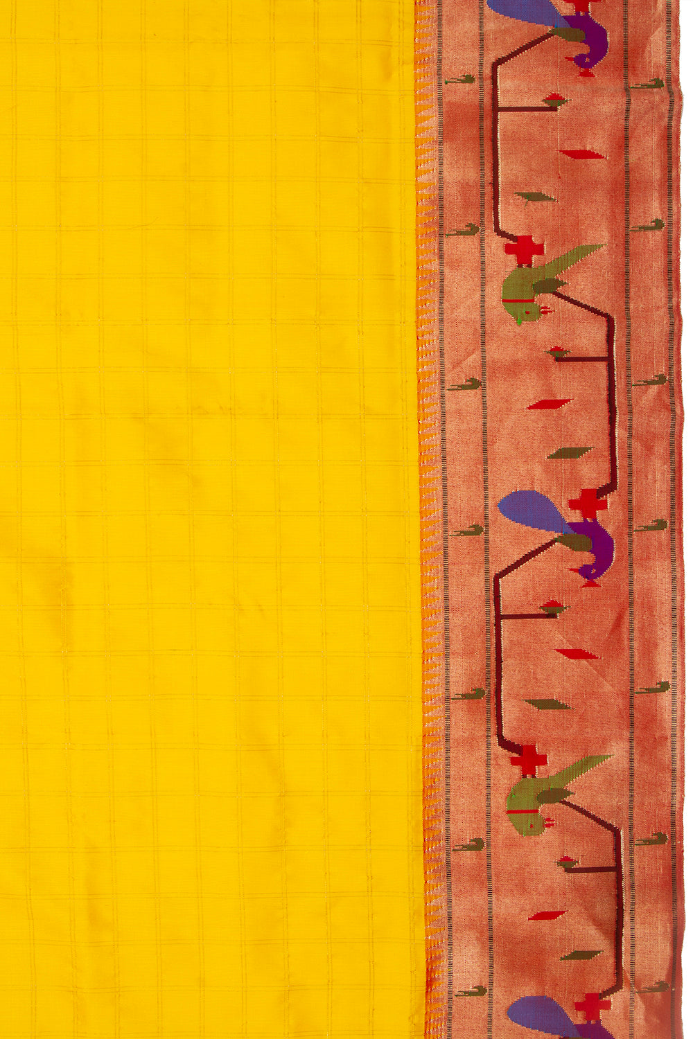 Paithani Silk Checks Yellow Saree With Akruthi Border