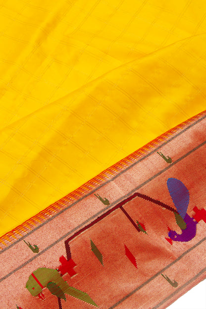Paithani Silk Checks Yellow Saree With Akruthi Border