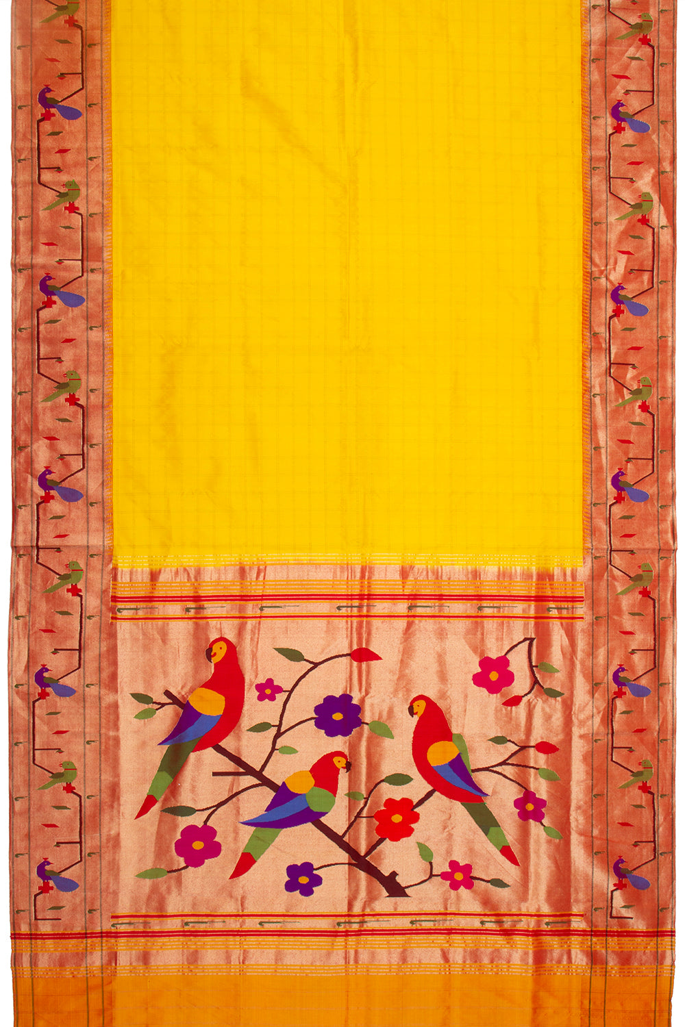 Paithani Silk Checks Yellow Saree With Akruthi Border
