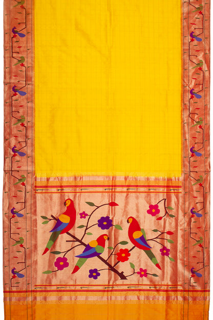 Paithani Silk Checks Yellow Saree With Akruthi Border