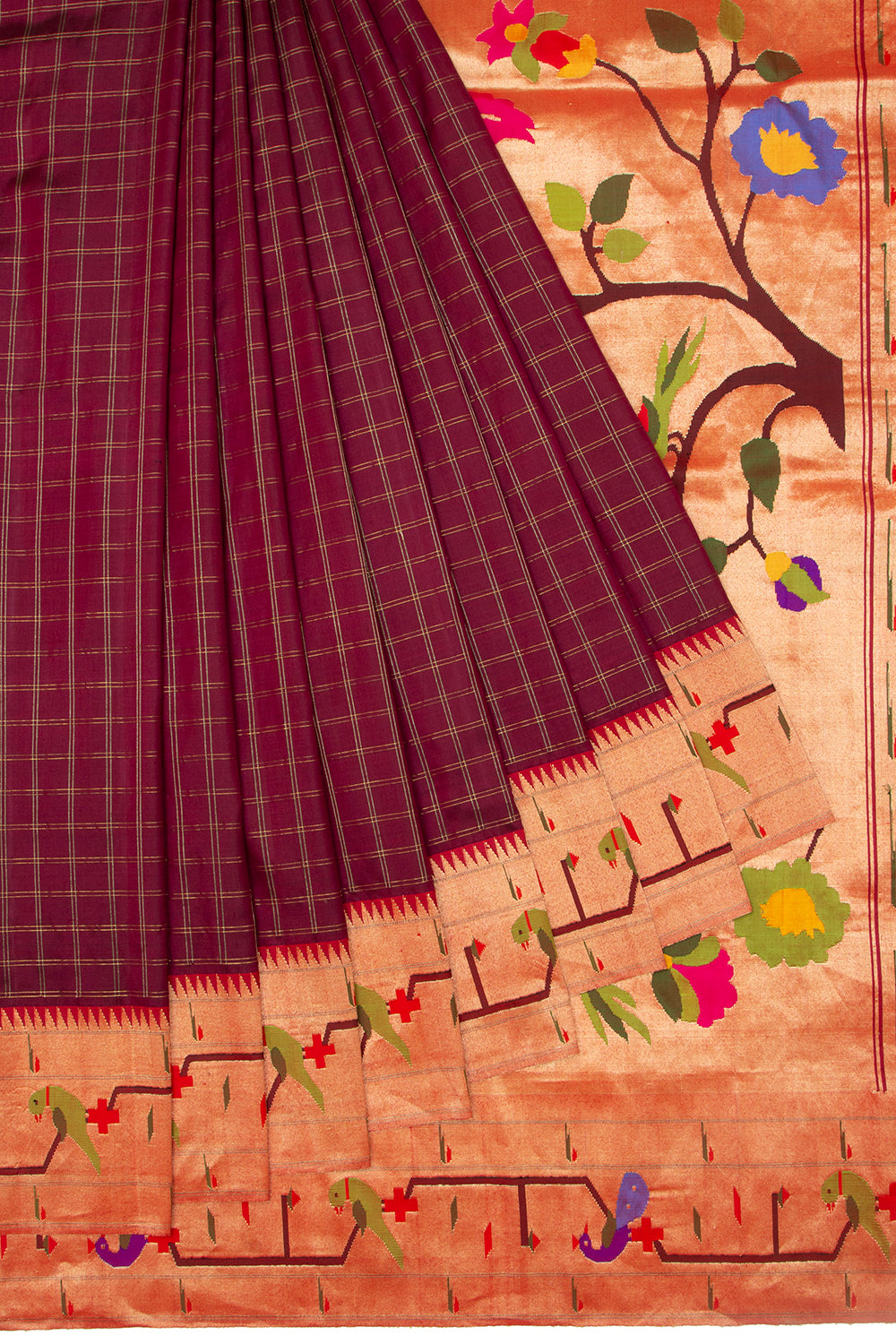 Paithani Silk Checks Brown Saree With Akruthi Border