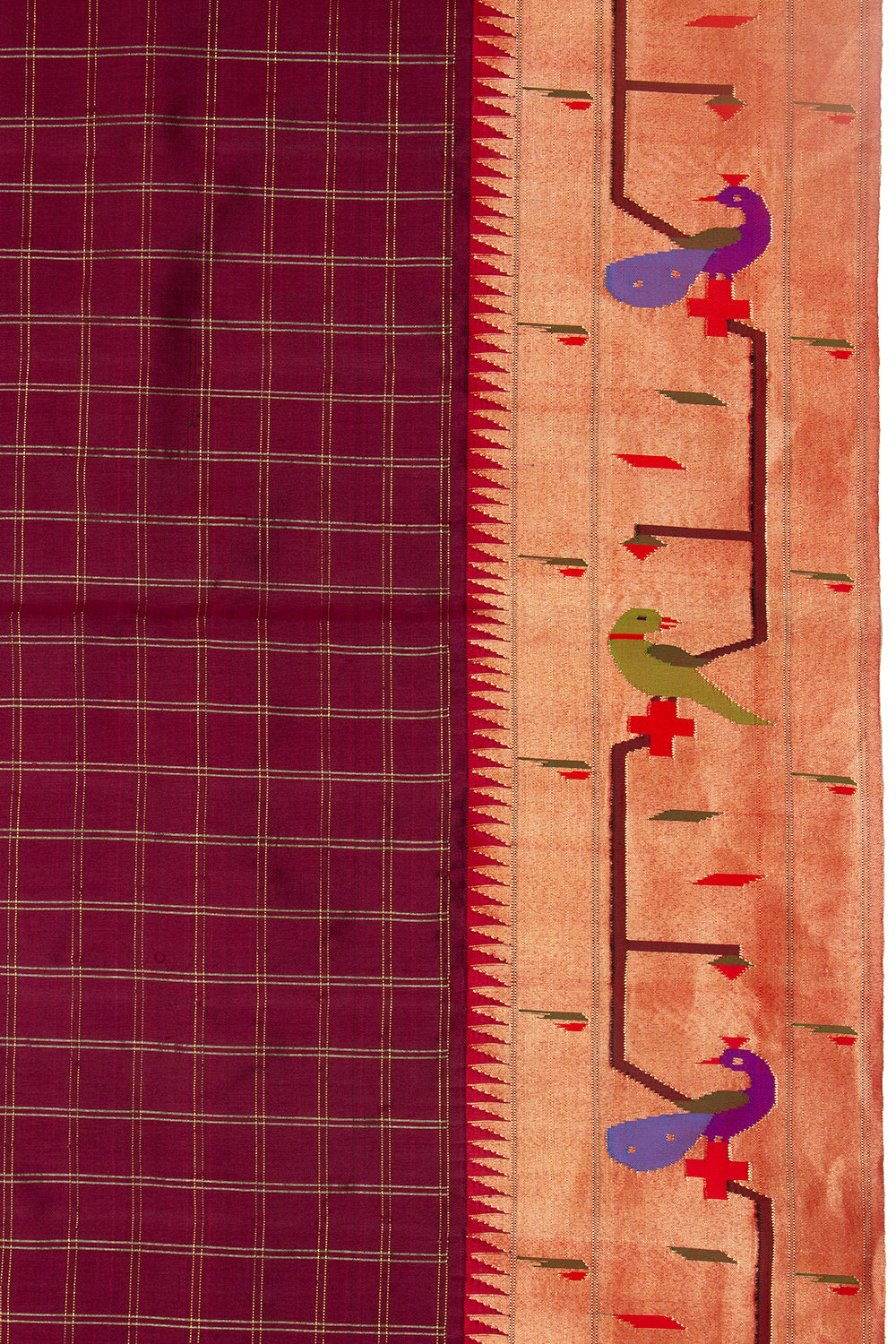 Paithani Silk Checks Brown Saree With Akruthi Border