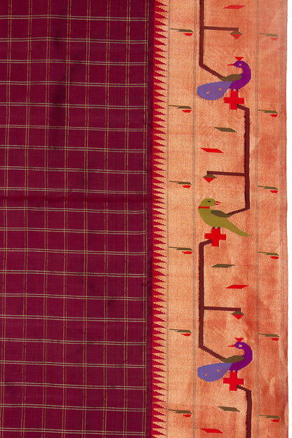 Paithani Silk Checks Brown Saree With Akruthi Border