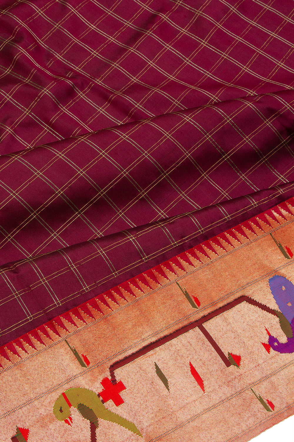 Paithani Silk Checks Brown Saree With Akruthi Border