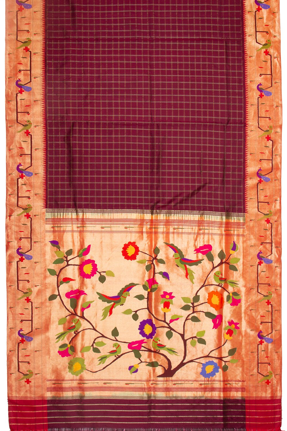 Paithani Silk Checks Brown Saree With Akruthi Border
