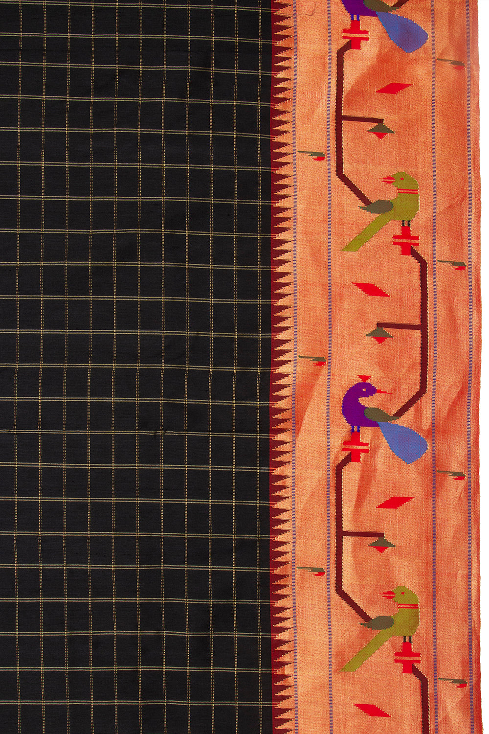 Paithani Silk Checks Black Saree With Akruthi Border
