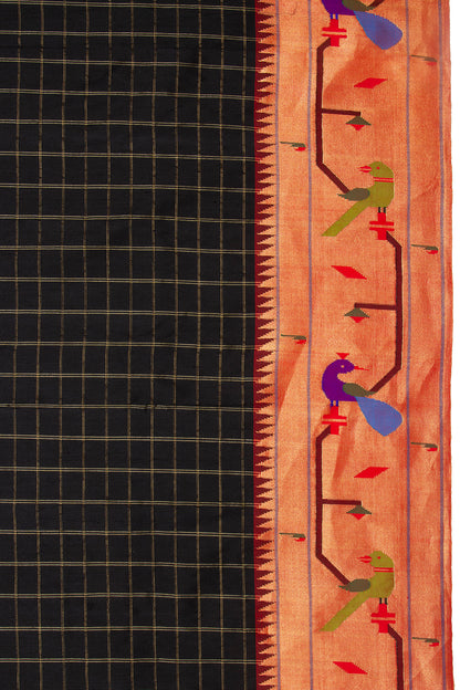 Paithani Silk Checks Black Saree With Akruthi Border