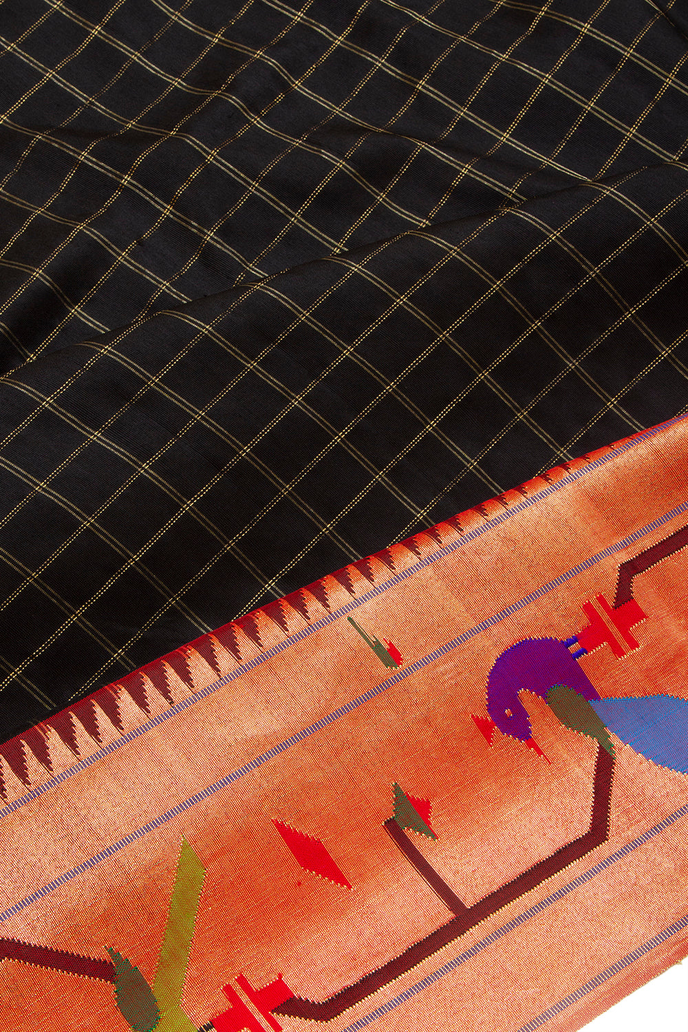 Paithani Silk Checks Black Saree With Akruthi Border