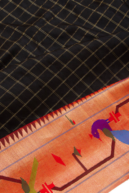 Paithani Silk Checks Black Saree With Akruthi Border