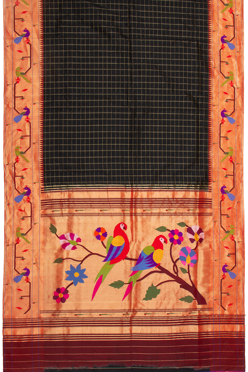 Paithani Silk Checks Black Saree With Akruthi Border